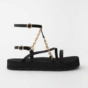 NEW Maje Frankie Chain Trimmed Charm Black Leather Platform Sandal